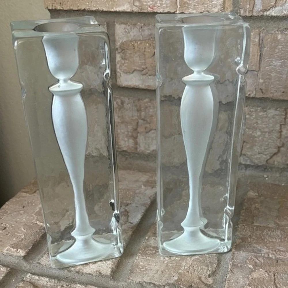 Vintage Pair Heavy Glass Blocks w/ Frosted Candle Stick Mold Decor Bookends RARE